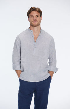 Matteo Grey Linen Half-Placket Band Collar Shirt | Moeva | Shirt | Each week unveils new pieces—luxury swimwear, fluid resort silhouettes, and elevated summer-to-evening essentials designed to carry you from coastal escapes to city nights.