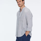 Matteo Grey Linen Half-Placket Band Collar Shirt | Moeva | Men Mandarin Collar Shirts | Each week unveils new pieces—luxury swimwear, fluid resort silhouettes, and elevated summer-to-evening essentials designed to carry you from coastal escapes to city nights.