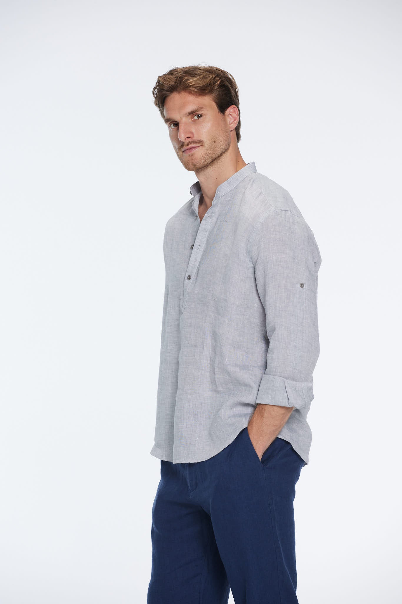 Matteo Grey Linen Half-Placket Band Collar Shirt | Moeva | Men Mandarin Collar Shirts | Each week unveils new pieces—luxury swimwear, fluid resort silhouettes, and elevated summer-to-evening essentials designed to carry you from coastal escapes to city nights.