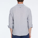 Matteo Grey Linen Half-Placket Band Collar Shirt | Moeva | Men Mandarin Collar Shirts | Each week unveils new pieces—luxury swimwear, fluid resort silhouettes, and elevated summer-to-evening essentials designed to carry you from coastal escapes to city nights.