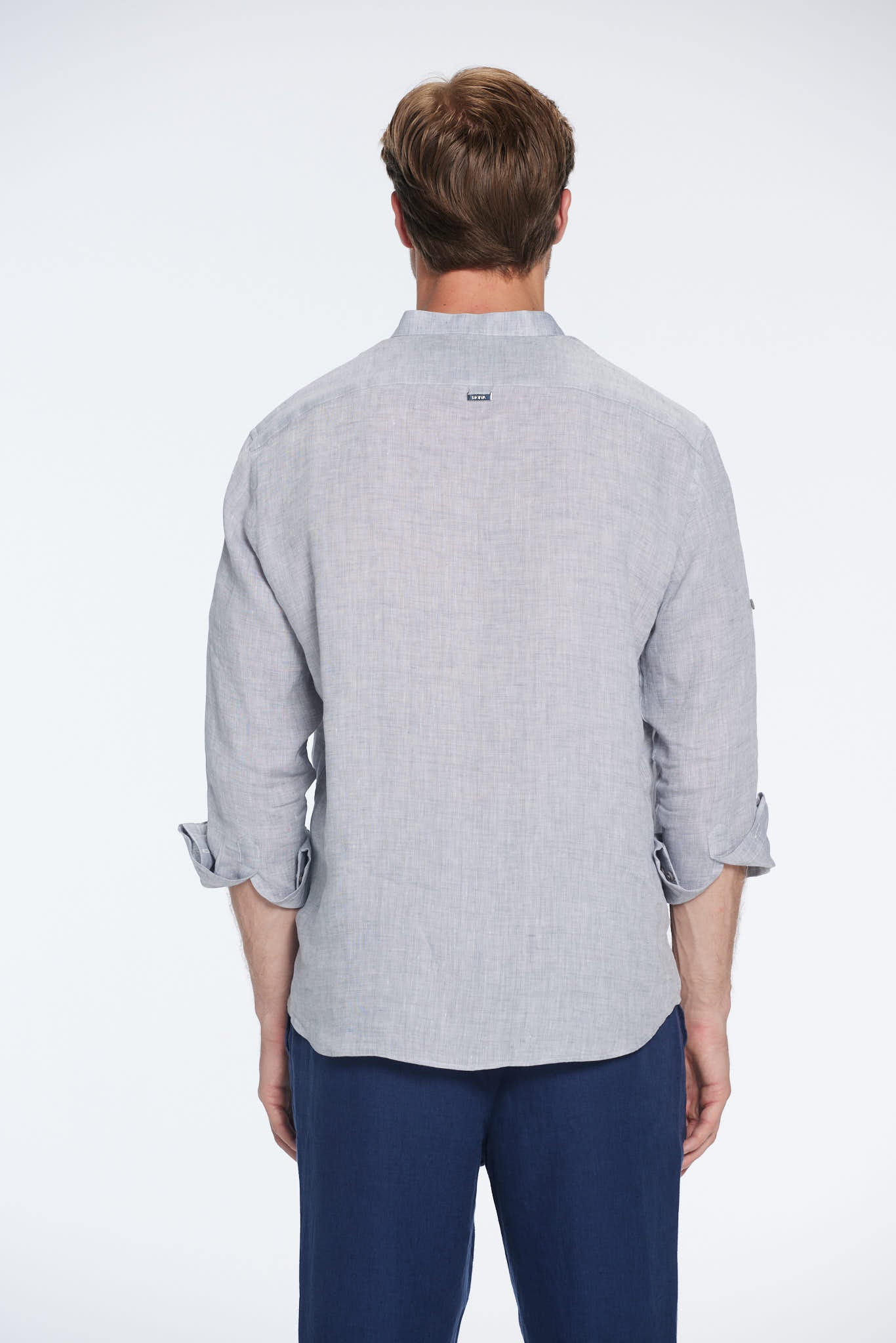 Matteo Grey Linen Half-Placket Band Collar Shirt | Moeva | Men Mandarin Collar Shirts | Each week unveils new pieces—luxury swimwear, fluid resort silhouettes, and elevated summer-to-evening essentials designed to carry you from coastal escapes to city nights.