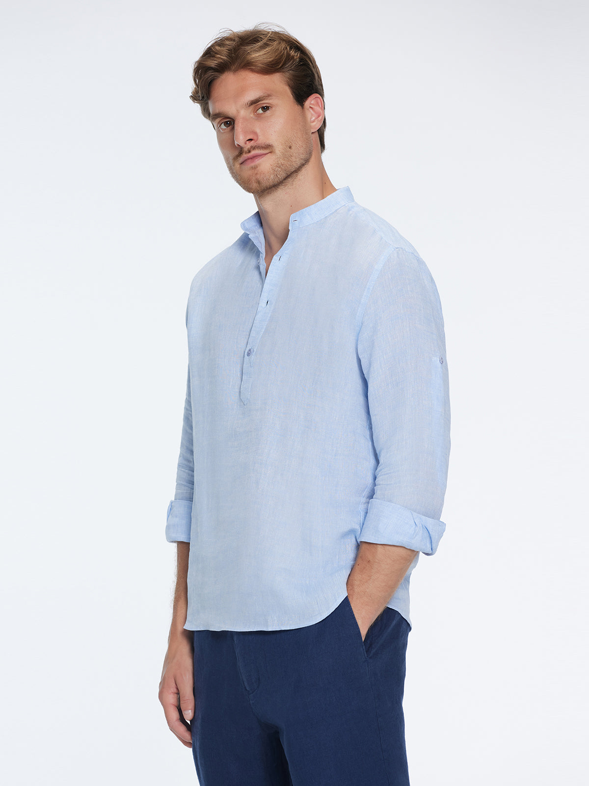Matteo Baby Blue Linen Half-Placket Band Collar Shirt | Moeva | Shirt | Each week unveils new pieces—luxury swimwear, fluid resort silhouettes, and elevated summer-to-evening essentials designed to carry you from coastal escapes to city nights.