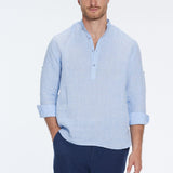 Matteo Baby Blue Linen Half-Placket Band Collar Shirt | Moeva | Men Mandarin Collar Shirts | Each week unveils new pieces—luxury swimwear, fluid resort silhouettes, and elevated summer-to-evening essentials designed to carry you from coastal escapes to city nights.