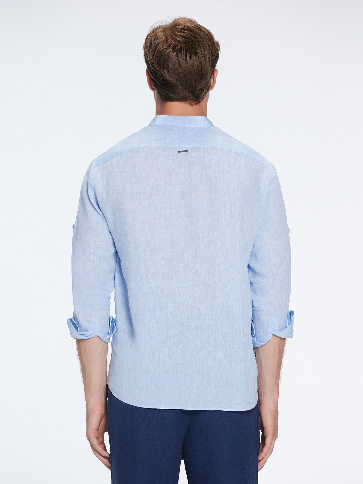 Matteo Baby Blue Linen Half-Placket Band Collar Shirt | Moeva | Shirt | Each week unveils new pieces—luxury swimwear, fluid resort silhouettes, and elevated summer-to-evening essentials designed to carry you from coastal escapes to city nights.