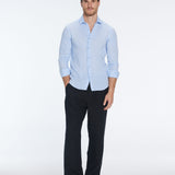 James Baby Blue Linen Slim-Fit Shirt | Moeva | Men Classic Collar Shirts | Each week unveils new pieces—luxury swimwear, fluid resort silhouettes, and elevated summer-to-evening essentials designed to carry you from coastal escapes to city nights.