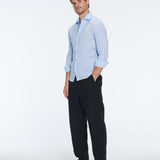 James Baby Blue Linen Slim-Fit Shirt | Moeva | Men Classic Collar Shirts | Each week unveils new pieces—luxury swimwear, fluid resort silhouettes, and elevated summer-to-evening essentials designed to carry you from coastal escapes to city nights.