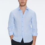James Baby Blue Linen Slim-Fit Shirt | Moeva | Men Classic Collar Shirts | Each week unveils new pieces—luxury swimwear, fluid resort silhouettes, and elevated summer-to-evening essentials designed to carry you from coastal escapes to city nights.