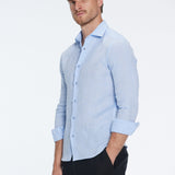 James Baby Blue Linen Slim-Fit Shirt | Moeva | Men Classic Collar Shirts | Each week unveils new pieces—luxury swimwear, fluid resort silhouettes, and elevated summer-to-evening essentials designed to carry you from coastal escapes to city nights.