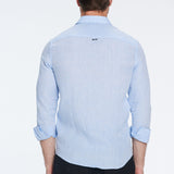 James Baby Blue Linen Slim-Fit Shirt | Moeva | Men Classic Collar Shirts | Each week unveils new pieces—luxury swimwear, fluid resort silhouettes, and elevated summer-to-evening essentials designed to carry you from coastal escapes to city nights.