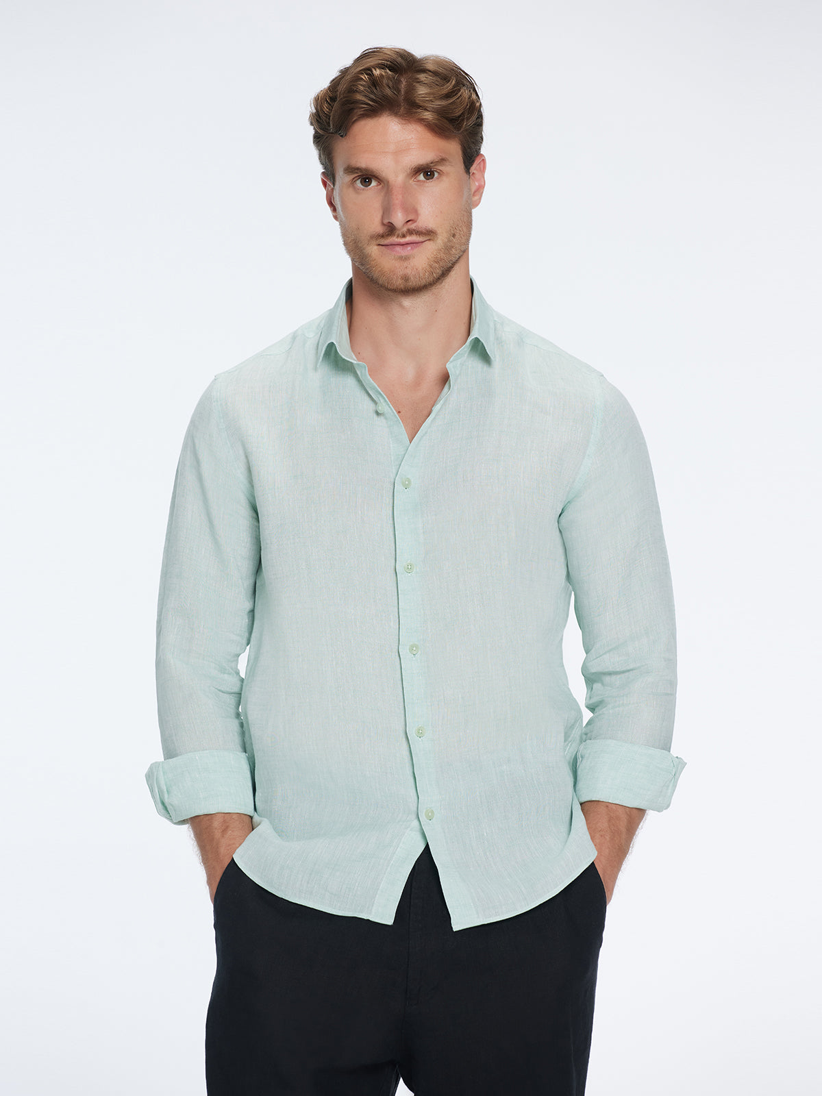 James Green Linen Slim-Fit Shirt | Moeva | Shirt | Each week unveils new pieces—luxury swimwear, fluid resort silhouettes, and elevated summer-to-evening essentials designed to carry you from coastal escapes to city nights.