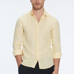 James Yellow Linen Slim-Fit Shirt | Moeva | Shirt | Each week unveils new pieces—luxury swimwear, fluid resort silhouettes, and elevated summer-to-evening essentials designed to carry you from coastal escapes to city nights.