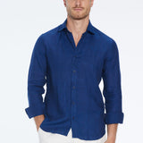 Harry Dark Blue Linen Shirt with Spread Collar | Moeva | Men Classic Collar Shirts | Each week unveils new pieces—luxury swimwear, fluid resort silhouettes, and elevated summer-to-evening essentials designed to carry you from coastal escapes to city nights.