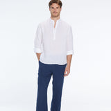Matteo White Linen Half-Placket Band Collar Shirt | Moeva | Men Mandarin Collar Shirts | Each week unveils new pieces—luxury swimwear, fluid resort silhouettes, and elevated summer-to-evening essentials designed to carry you from coastal escapes to city nights.