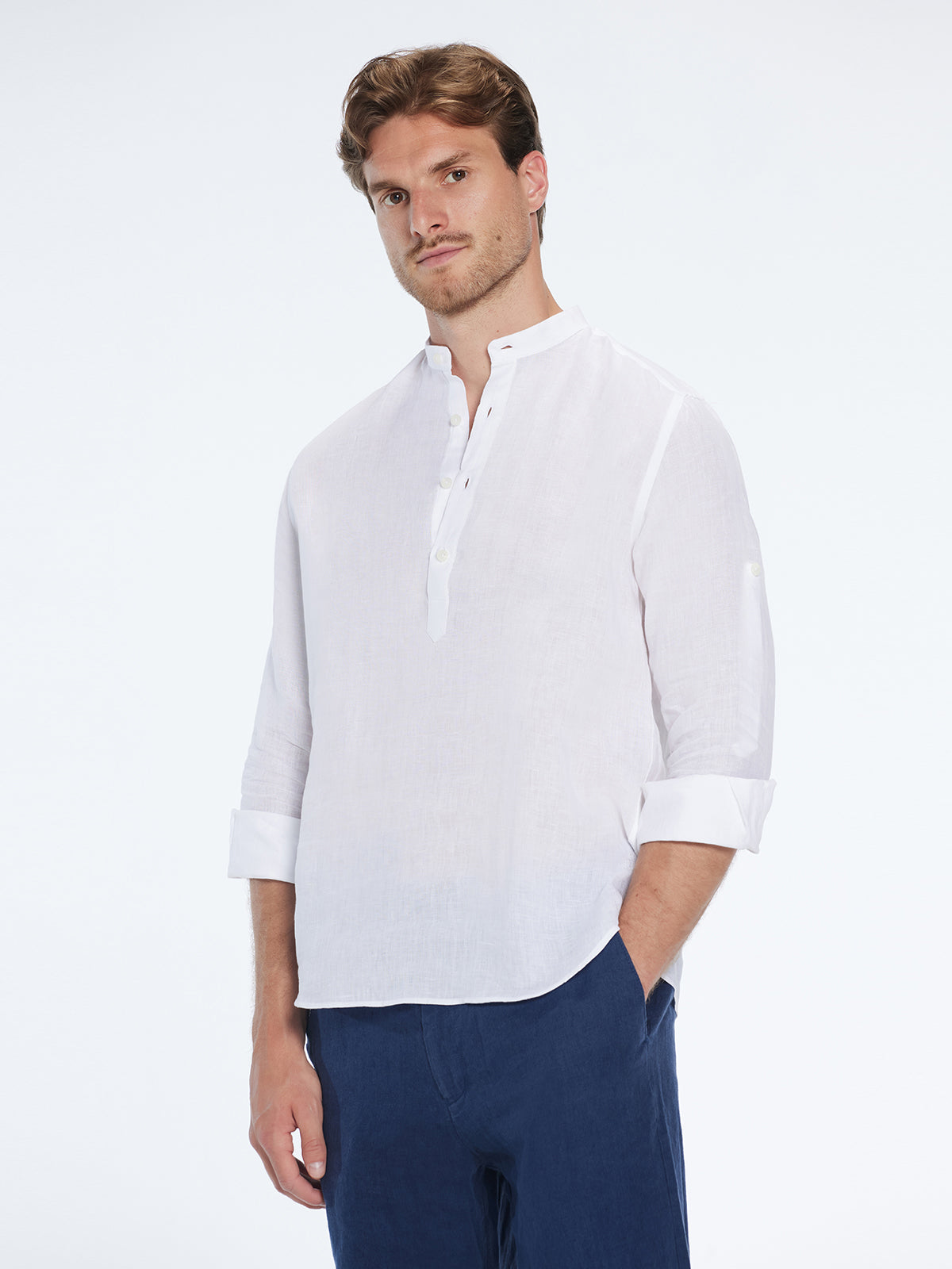 Matteo White Linen Half-Placket Band Collar Shirt | Moeva | Shirt | Each week unveils new pieces—luxury swimwear, fluid resort silhouettes, and elevated summer-to-evening essentials designed to carry you from coastal escapes to city nights.