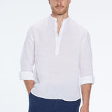 Matteo White Linen Half-Placket Band Collar Shirt | Moeva | Men Mandarin Collar Shirts | Each week unveils new pieces—luxury swimwear, fluid resort silhouettes, and elevated summer-to-evening essentials designed to carry you from coastal escapes to city nights.