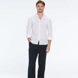 Ryan White Linen Shirt with Grandad Collar | Moeva | Men Mandarin Collar Shirts | Each week unveils new pieces—luxury swimwear, fluid resort silhouettes, and elevated summer-to-evening essentials designed to carry you from coastal escapes to city nights.