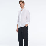 Ryan White Linen Shirt with Grandad Collar | Moeva | Men Mandarin Collar Shirts | Each week unveils new pieces—luxury swimwear, fluid resort silhouettes, and elevated summer-to-evening essentials designed to carry you from coastal escapes to city nights.