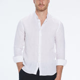 Ryan White Linen Shirt with Grandad Collar | Moeva | Men Mandarin Collar Shirts | Each week unveils new pieces—luxury swimwear, fluid resort silhouettes, and elevated summer-to-evening essentials designed to carry you from coastal escapes to city nights.
