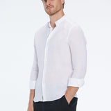 Ryan White Linen Shirt with Grandad Collar | Moeva | Men Mandarin Collar Shirts | Each week unveils new pieces—luxury swimwear, fluid resort silhouettes, and elevated summer-to-evening essentials designed to carry you from coastal escapes to city nights.