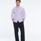Ryan Lilac Linen Shirt with Grandad Collar | Moeva | Men Mandarin Collar Shirts | Each week unveils new pieces—luxury swimwear, fluid resort silhouettes, and elevated summer-to-evening essentials designed to carry you from coastal escapes to city nights.