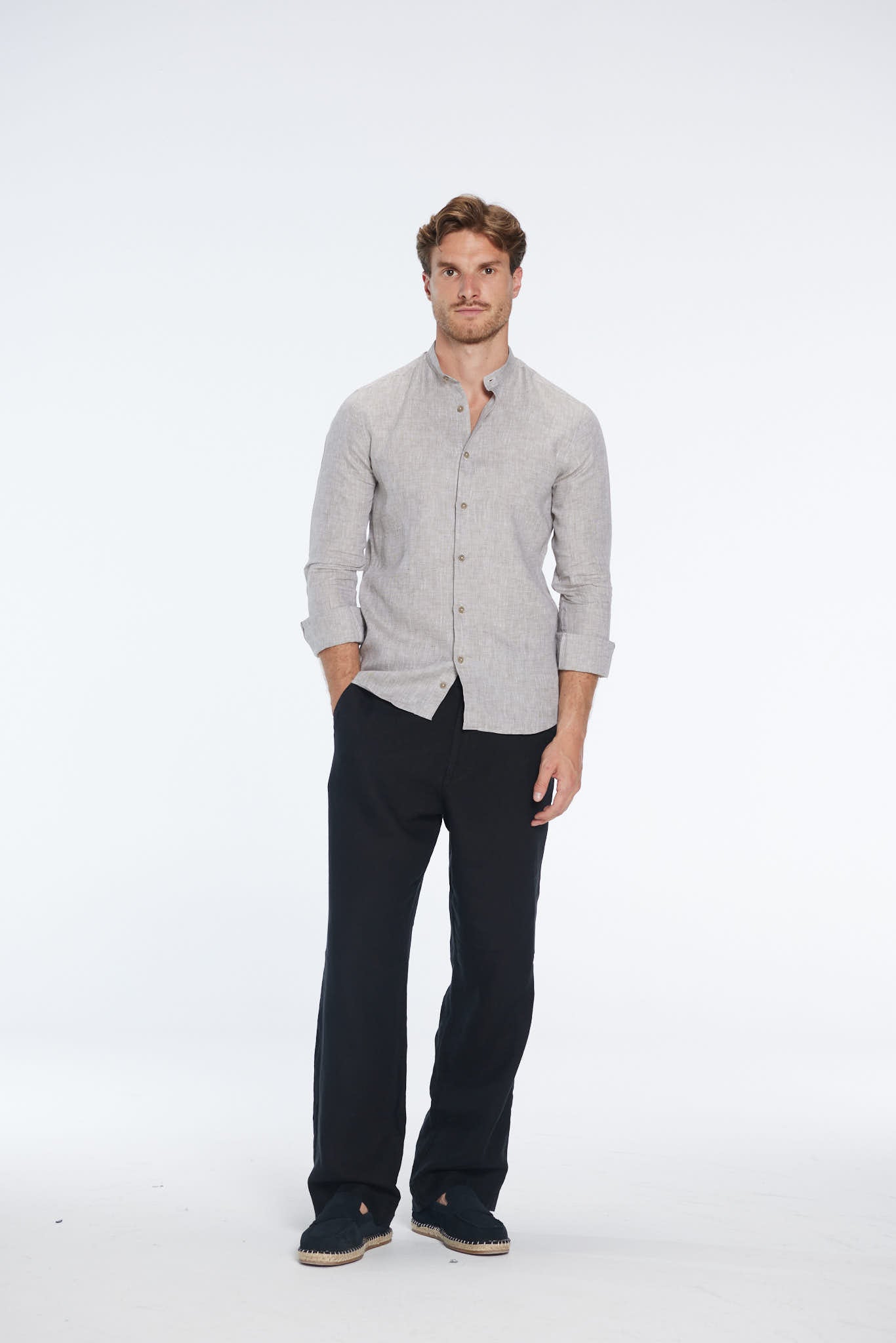 Ryan Khaki Linen Shirt with Grandad Collar | Moeva | Men Mandarin Collar Shirts | Each week unveils new pieces—luxury swimwear, fluid resort silhouettes, and elevated summer-to-evening essentials designed to carry you from coastal escapes to city nights.