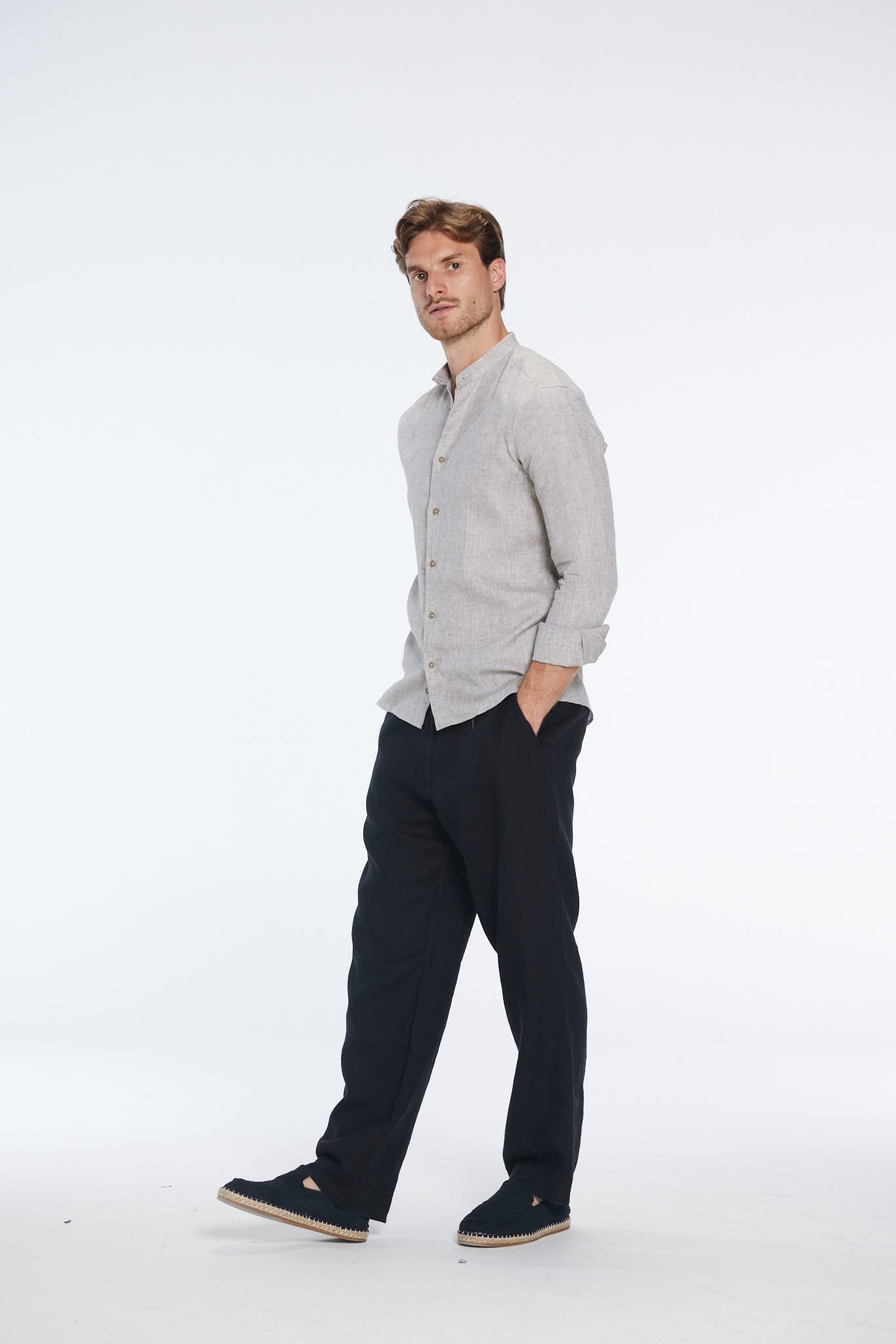 Ryan Khaki Linen Shirt with Grandad Collar | Moeva | Men Mandarin Collar Shirts | Each week unveils new pieces—luxury swimwear, fluid resort silhouettes, and elevated summer-to-evening essentials designed to carry you from coastal escapes to city nights.
