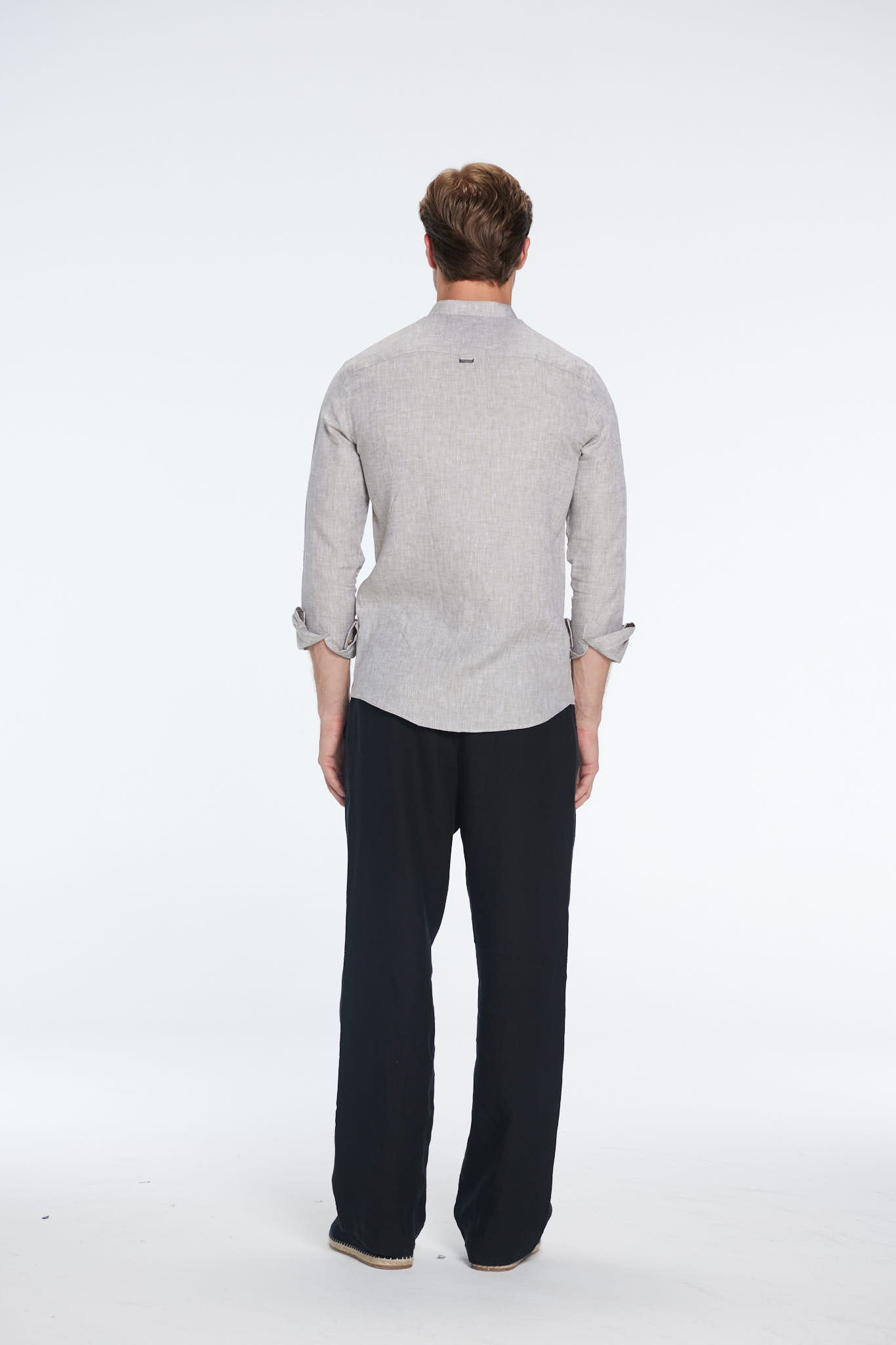 Ryan Khaki Linen Shirt with Grandad Collar | Moeva | Men Mandarin Collar Shirts | Each week unveils new pieces—luxury swimwear, fluid resort silhouettes, and elevated summer-to-evening essentials designed to carry you from coastal escapes to city nights.