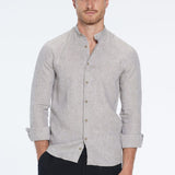 Ryan Khaki Linen Shirt with Grandad Collar | Moeva | Men Mandarin Collar Shirts | Each week unveils new pieces—luxury swimwear, fluid resort silhouettes, and elevated summer-to-evening essentials designed to carry you from coastal escapes to city nights.