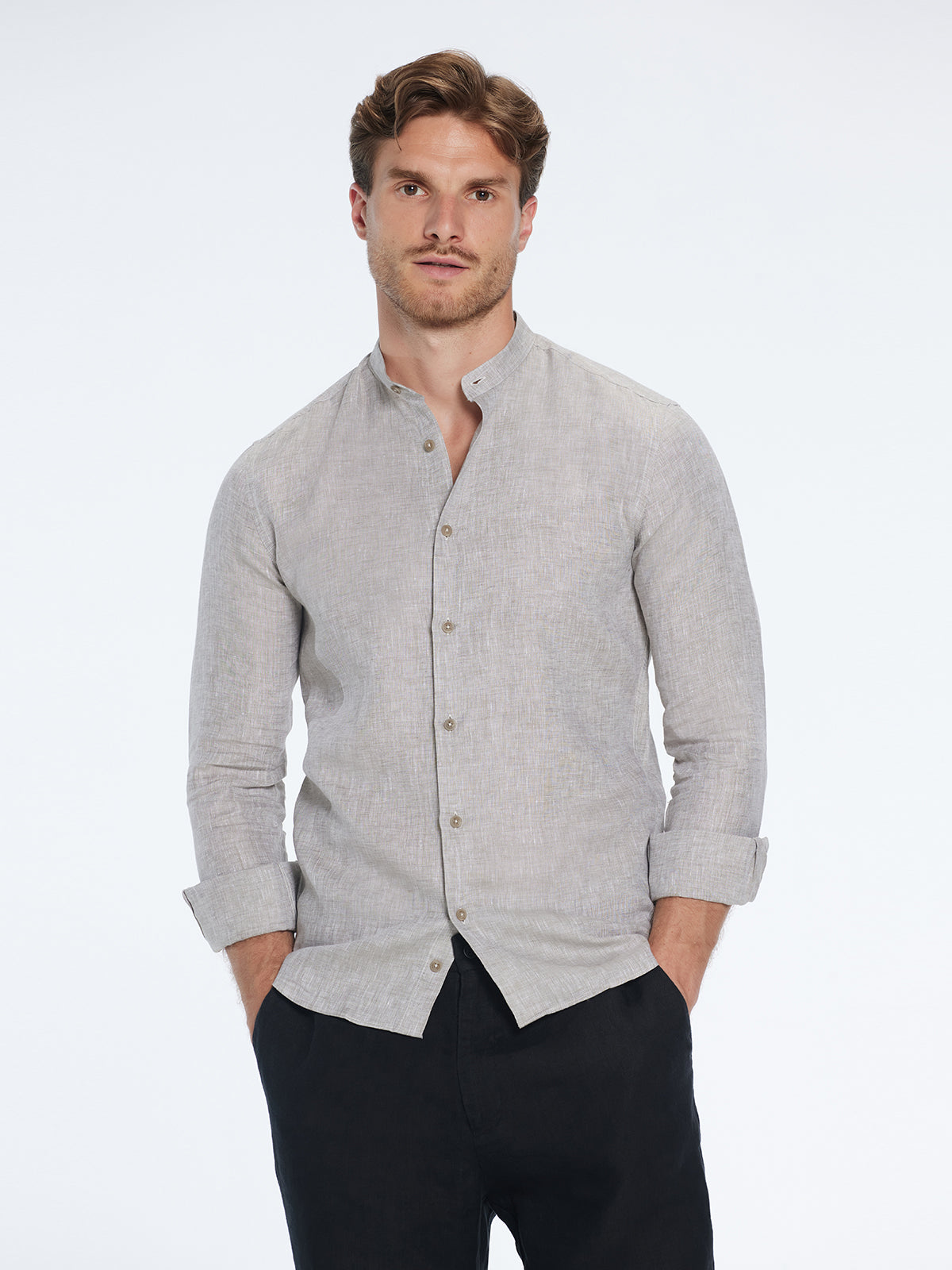 Ryan Khaki Linen Shirt with Grandad Collar | Moeva | Shirt | Each week unveils new pieces—luxury swimwear, fluid resort silhouettes, and elevated summer-to-evening essentials designed to carry you from coastal escapes to city nights.