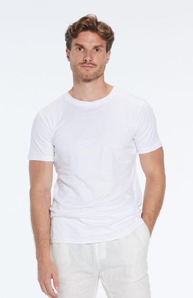 Atlas White Cotton Round Neck T-Shirt | Moeva | Men Round Neck Shirts | Each week unveils new pieces—luxury swimwear, fluid resort silhouettes, and elevated summer-to-evening essentials designed to carry you from coastal escapes to city nights.