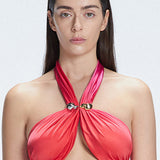 Meredith Red Gradient Halter Satin Bikini Top | Moeva | Bikini Top | Each week unveils new pieces—luxury swimwear, fluid resort silhouettes, and elevated summer-to-evening essentials designed to carry you from coastal escapes to city nights.