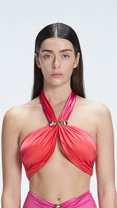 Meredith Red Gradient Halter Satin Bikini Top | Moeva | Bikini Top | Each week unveils new pieces—luxury swimwear, fluid resort silhouettes, and elevated summer-to-evening essentials designed to carry you from coastal escapes to city nights.