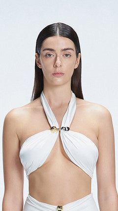 Meredith White Halter Satin Bikini Top | Moeva | Bikini Top | Each week unveils new pieces—luxury swimwear, fluid resort silhouettes, and elevated summer-to-evening essentials designed to carry you from coastal escapes to city nights.