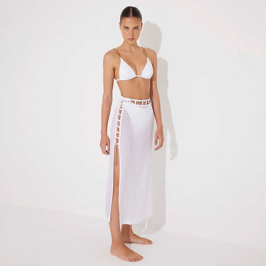 Maritza White Sheer High-Rise Skirt with Gold Chain Belt | Moeva | Skirt | Each week unveils new pieces—luxury swimwear, fluid resort silhouettes, and elevated summer-to-evening essentials designed to carry you from coastal escapes to city nights.