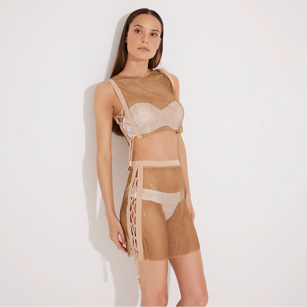Alejandra Bronze Rhinestone Details Mesh Top and Skirt Set | Moeva | Set | Each week unveils new pieces—luxury swimwear, fluid resort silhouettes, and elevated summer-to-evening essentials designed to carry you from coastal escapes to city nights.