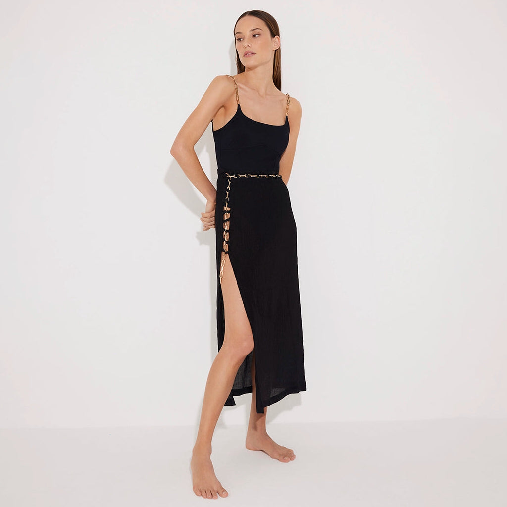 Maritza Black Sheer High-Rise Skirt with Gold Chain Belt | Moeva | Skirt | Each week unveils new pieces—luxury swimwear, fluid resort silhouettes, and elevated summer-to-evening essentials designed to carry you from coastal escapes to city nights.