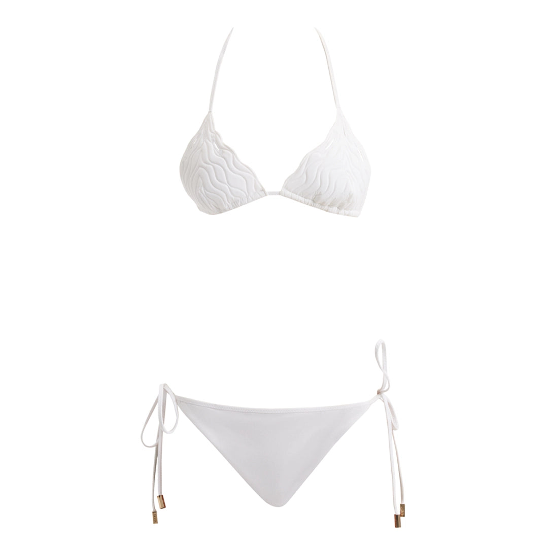 Sarita White Triangle Wave Textured Side Tie Bikini Set | Moeva | Bikini Set | Each week unveils new pieces—luxury swimwear, fluid resort silhouettes, and elevated summer-to-evening essentials designed to carry you from coastal escapes to city nights.