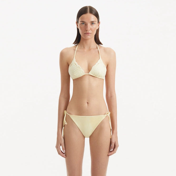 Sarita Yellow Triangle Wave Textured Side Tie Bikini Set | Moeva | Bikini Set | Each week unveils new pieces—luxury swimwear, fluid resort silhouettes, and elevated summer-to-evening essentials designed to carry you from coastal escapes to city nights.