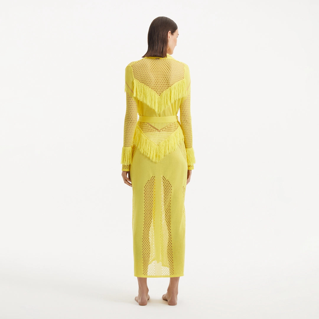Itzel Yellow Knitted Mesh Long-Sleeve Kaftan | Moeva | Kaftans | Each week unveils new pieces—luxury swimwear, fluid resort silhouettes, and elevated summer-to-evening essentials designed to carry you from coastal escapes to city nights.