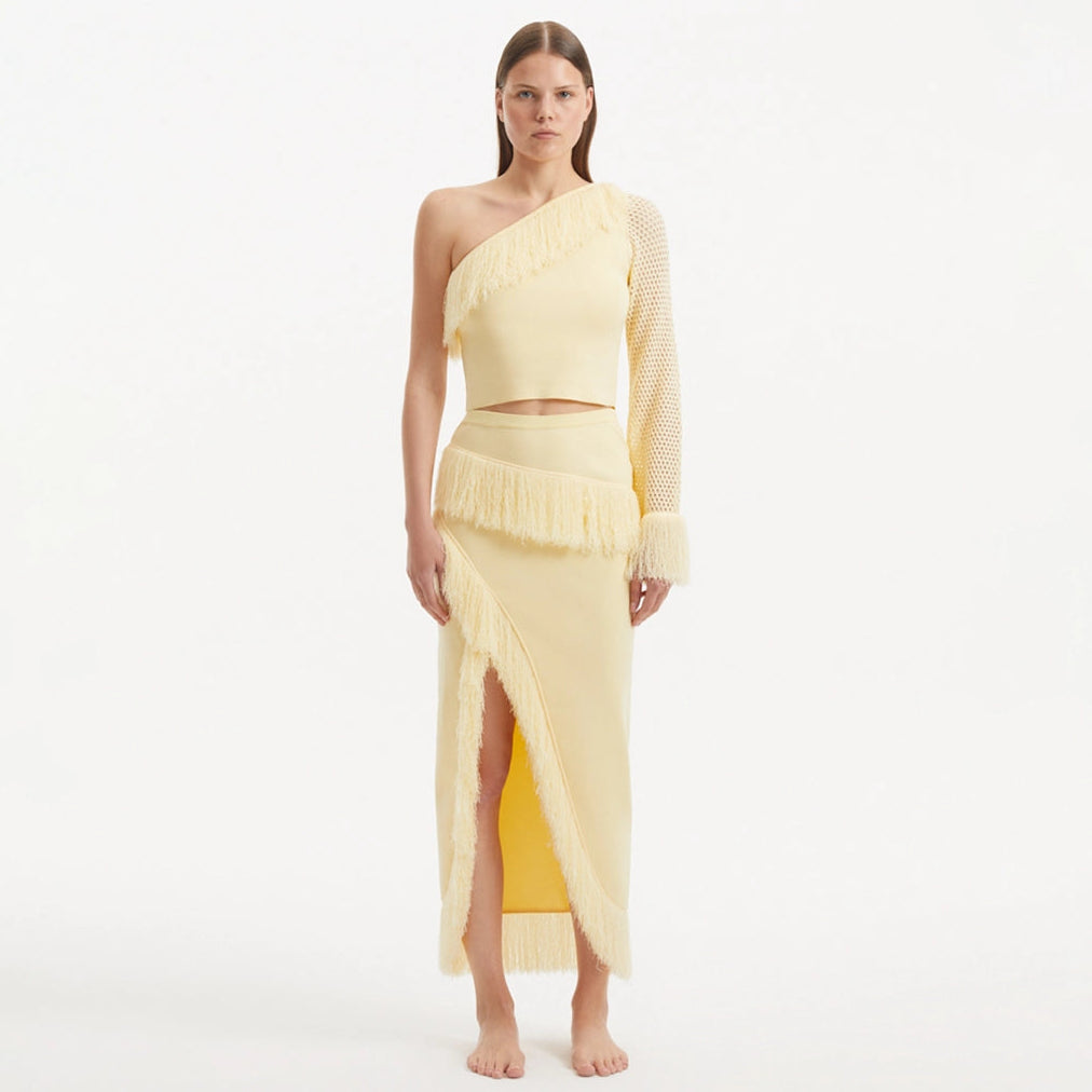 Monroe & Alani Fringe Asymmetric Knit Yellow Set | Moeva | Set | Each week unveils new pieces—luxury swimwear, fluid resort silhouettes, and elevated summer-to-evening essentials designed to carry you from coastal escapes to city nights.