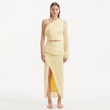 Monroe & Alani Fringe Asymmetric Knit Yellow Set | Moeva | Set | Each week unveils new pieces—luxury swimwear, fluid resort silhouettes, and elevated summer-to-evening essentials designed to carry you from coastal escapes to city nights.