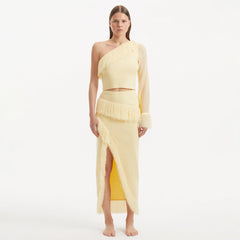 Alani Yellow Fringe Detail Asymmetric Slit Midi Skirt | Moeva | Skirt | Each week unveils new pieces—luxury swimwear, fluid resort silhouettes, and elevated summer-to-evening essentials designed to carry you from coastal escapes to city nights.