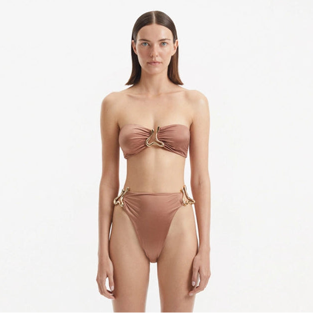 Clyde Brown Bandeau High Waist Satin Bikini Set | Moeva | Bikini Set | Each week unveils new pieces—luxury swimwear, fluid resort silhouettes, and elevated summer-to-evening essentials designed to carry you from coastal escapes to city nights.