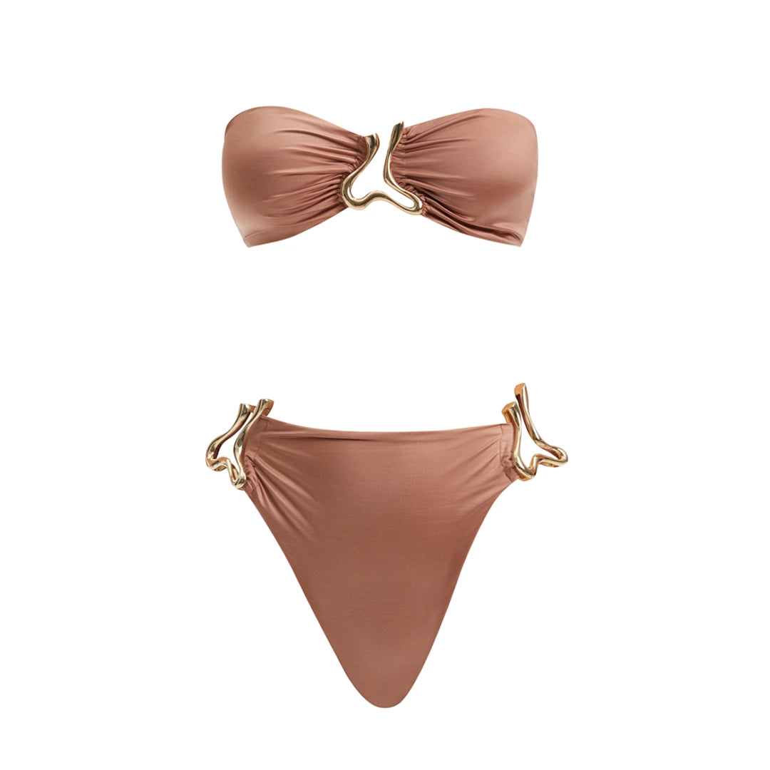 Clyde Brown Bandeau High Waist Satin Bikini Set | Moeva | Bikini Set | Each week unveils new pieces—luxury swimwear, fluid resort silhouettes, and elevated summer-to-evening essentials designed to carry you from coastal escapes to city nights.