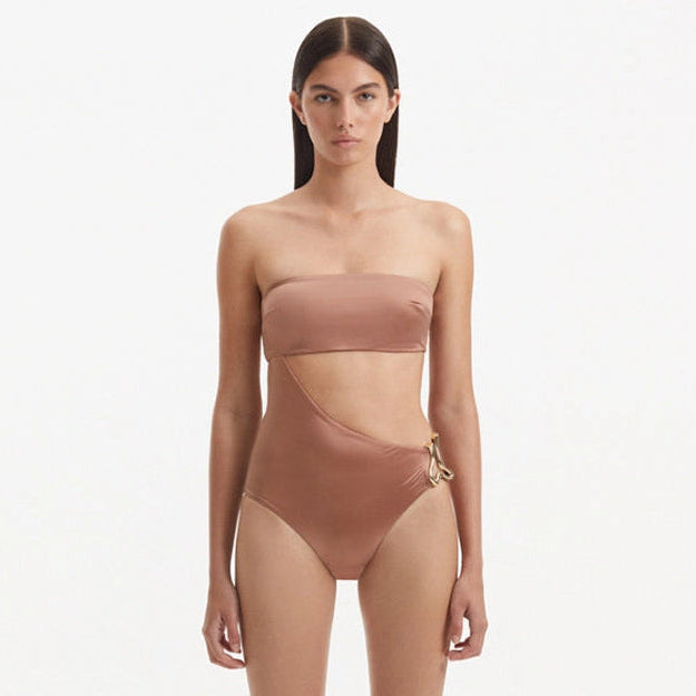 Marilla Brown Bandeau Satin Swimsuit | Moeva | Swimsuit | Each week unveils new pieces—luxury swimwear, fluid resort silhouettes, and elevated summer-to-evening essentials designed to carry you from coastal escapes to city nights.