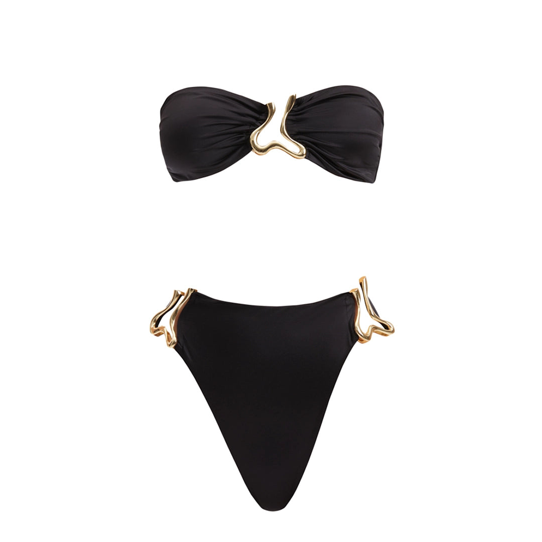Clyde Black Bandeau High Waist Satin Bikini Set | Moeva | Bikini Set | Each week unveils new pieces—luxury swimwear, fluid resort silhouettes, and elevated summer-to-evening essentials designed to carry you from coastal escapes to city nights.