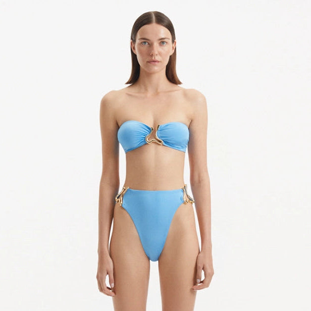 Clyde Baby Blue Bandeau High Waist Satin Bikini Set | Moeva | Bikini Set | Each week unveils new pieces—luxury swimwear, fluid resort silhouettes, and elevated summer-to-evening essentials designed to carry you from coastal escapes to city nights.