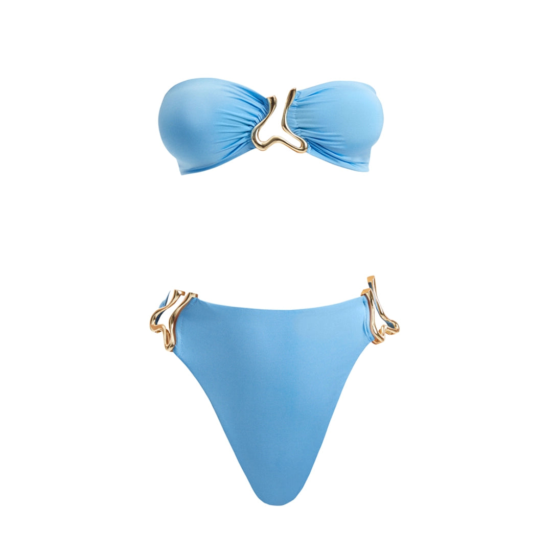 Clyde Baby Blue Bandeau High Waist Satin Bikini Set | Moeva | Bikini Set | Each week unveils new pieces—luxury swimwear, fluid resort silhouettes, and elevated summer-to-evening essentials designed to carry you from coastal escapes to city nights.