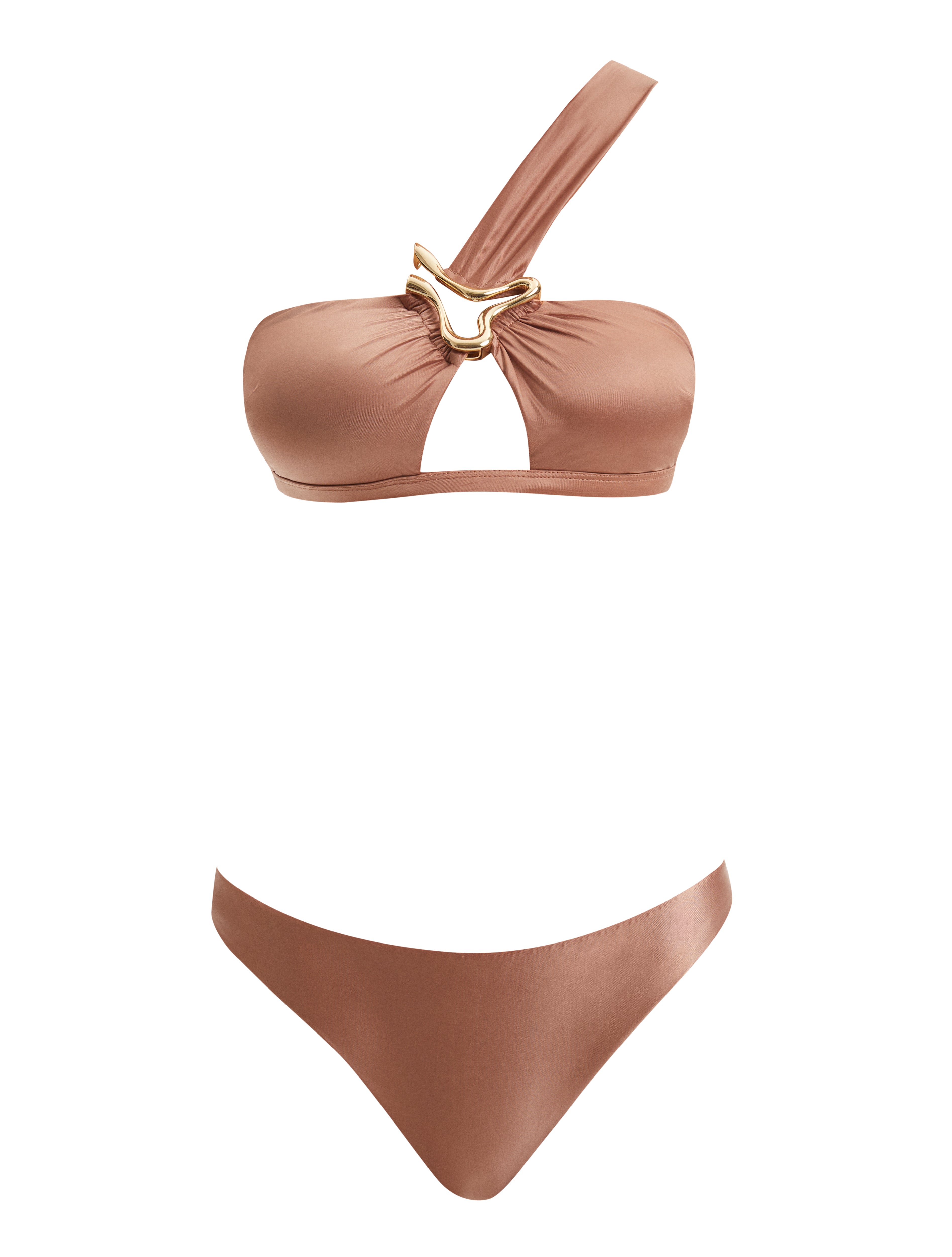 Sereia Brown One Shoulder Mid Coverage Satin Bikini Set | Moeva | Bikini Set | Each week unveils new pieces—luxury swimwear, fluid resort silhouettes, and elevated summer-to-evening essentials designed to carry you from coastal escapes to city nights.
