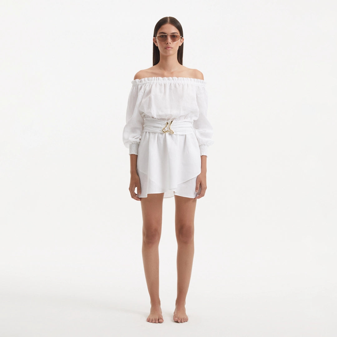 Sumner White Off-Shoulder Linen Mini Dress | Moeva | Dress | Each week unveils new pieces—luxury swimwear, fluid resort silhouettes, and elevated summer-to-evening essentials designed to carry you from coastal escapes to city nights.